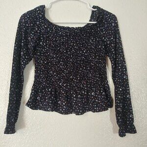 Iris women's size M black floral long sleeve smocked top